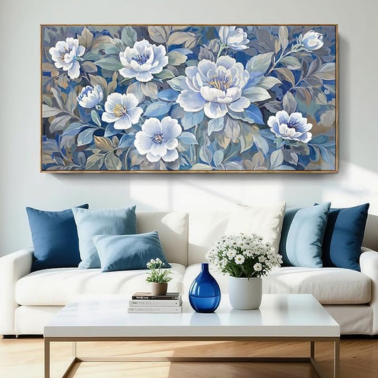 Large Framed Blue Gray And White Plant Wall Art For Living Room, Natural Plant Canvas Print Paintings Artwork For Walls, Elegant Floral Pictures For Bedroom Kitchen And Lounge Wall Decor58X29 In