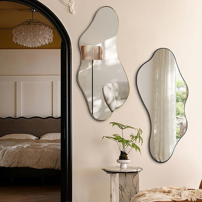 Irregular Wall Mirror, 40"x18" Asymmetrical Mirrors with Metal Frame, Modern Organic Shape Mirrors for Living Room Bedroom Hallway Entryway, Horizontal or Vertical Hanging