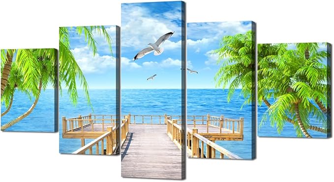 Seagulls Palm Tree Scene Landscape Picture Modern Painting on Canvas 5 Piece Framed Wall Art for Living Room Bedroom Kitchen Home Decor Stretched Gallery Canvas Wrap Giclee Print (60’’W x 32’’H)