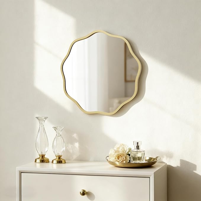 HOMECOOKIN 20" Wavy Round Wall Mirror, Gold Scalloped Circle Mirror Edge Round with Metal Frame, Modern Decorative Hanging/Leaning Mirrors for Bathroom, Hotels, Hallway, Entryway, Vanity, Office