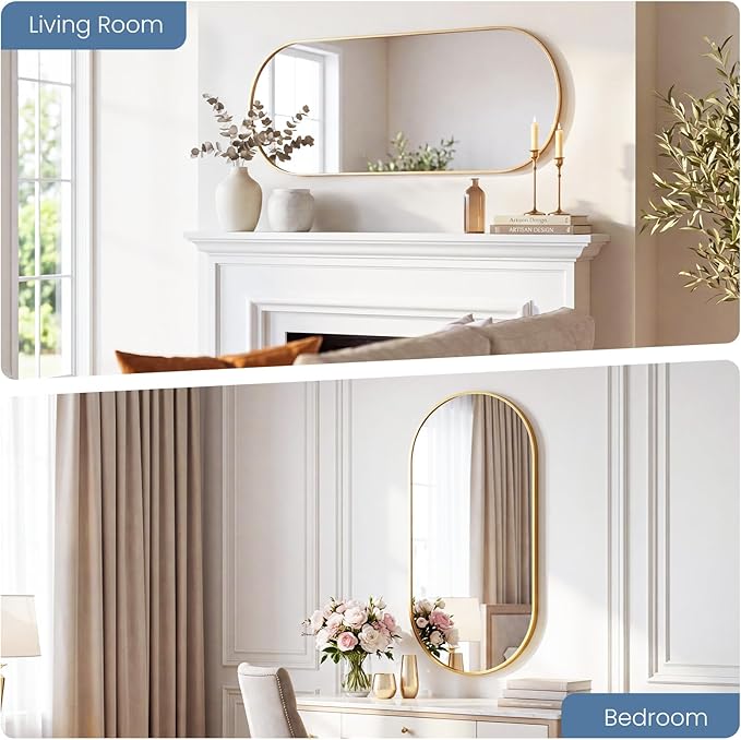 NEWBULIG 24" x 48" Oval Bathroom Mirror, Gold Wall Mirror with Metal Frame, Tempered Glass, Morden Vanity Mirror for Over Sink, Entryway, Living Room, Bedroom, Horizontal or Vertical
