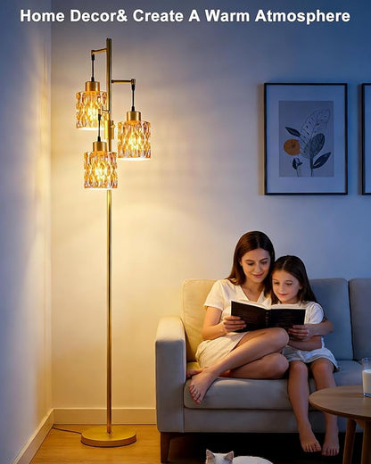 3-Light Modern Glass Floor Lamp, Gold Standing Tall Lamp with Amber Cylinder Glass Shade for Reading, Dimmable LED Floor Lamp with 5Lbs Heavy Base for Living Room Bedroom Home Decor, Bulb Included