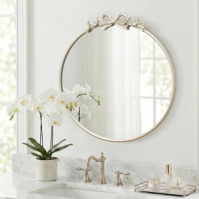 Besdomus Antique Large Wall Mirror: 27" Champagne Silver Bow Vintage Wall Mounted Mirror - Baroque Traditional Ornate for Fireplace/Bathroom/Living Room - Wall Decor for Teen Girl