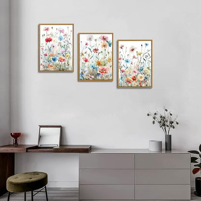 KISSFOX Colorful Wildflower Canvas Wall Art Set Of 3 Flowers Pictures Prints Flowers Printing Floral Watercolors Flower wall Decor Living Room Girls Bedroom Bathroom (Grey Blue, 12"x16" Natural Framed, Framed)