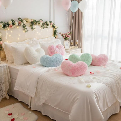 16" Minty Sage Heart Pillow, Luxury 600GSM Rose Textured Faux Rabbit Fur, Fresh Seafoam Green Aesthetic Throw Pillow for Bedroom, Soft Matte Pastel Green Heart Cushion