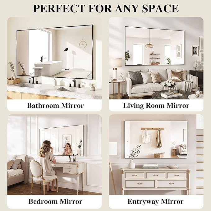 Koonmi Black Mirrors for Wall, 30x48 Inch Bathroom Mirror, Rectangular Wall Mirror for Living Room Bedroom Bathroom, Hangs Horizontally or Vertically