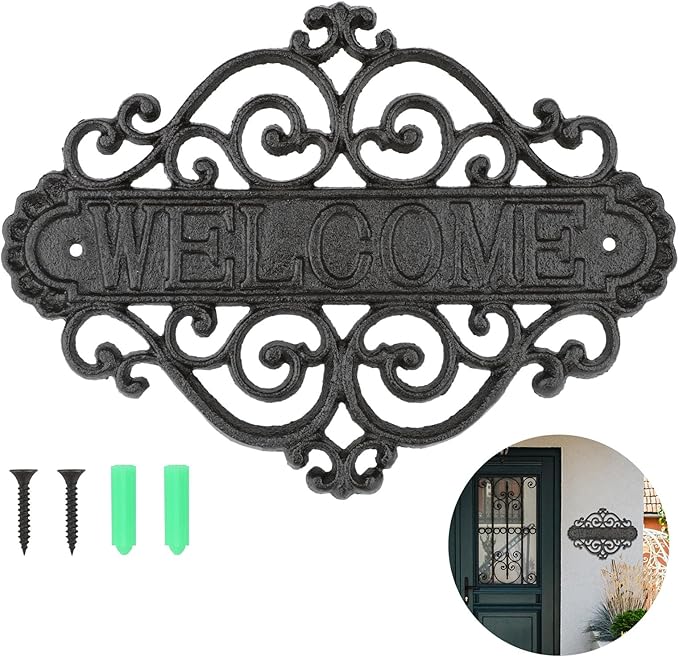 Vintage Cast Iron Welcome Signs for Outside Wall Mounted Welcome Wall Decoration for House Sign Plaque Bar Cafe Shop Front Door 1 Pcs (28 * 21 * 0.8CM)