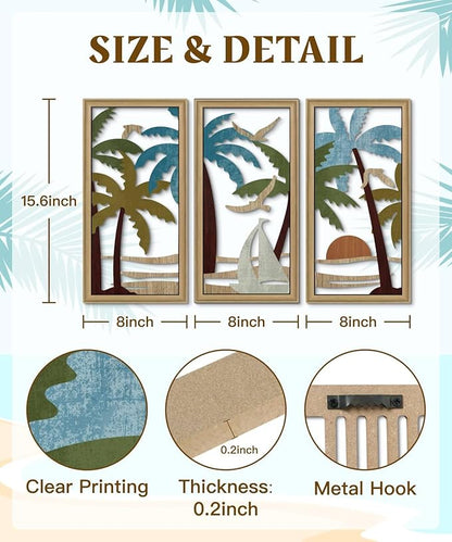 Putuo Decor Palm Tree Wall Decor Set of 3, Coastal Wall Decor, Boho Wall Art, Beach Themed Wooden Wall Plaque for Living Room Bedroom Bathroom