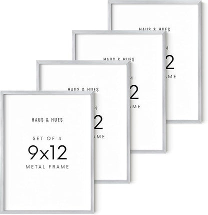 HAUS AND HUES 9x12 Silver Metal Picture Frames - Features Premium Aluminum, Vertical & Horizontal Hang, Shatterproof Plexiglass - Perfect for Home, Room, Office (9x12 in, Silver, Set of 4)