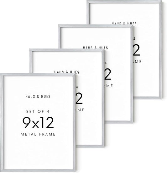 HAUS AND HUES 9x12 Silver Metal Picture Frames - Features Premium Aluminum, Vertical & Horizontal Hang, Shatterproof Plexiglass - Perfect for Home, Room, Office (9x12 in, Silver, Set of 4)