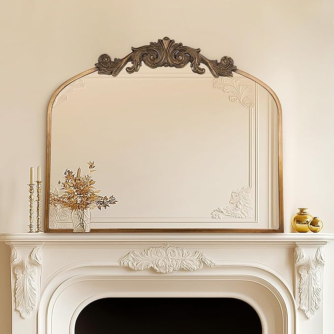 USHOWER Gold Anthropologie Vintage Arched Mirror 36" x 30", Large Baroque Ornate Mirror with Antique Brass Frame for Fireplace, Bathroom, Living Room, Entryway Renovation