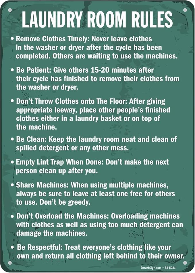 SmartSign Vintage 'Laundry Room Rules - Remove Clothes, Be Clean' Metal Laundry Sign, 14" x 10", 40 mil Laminated Aluminum, Home/Farmhouse/Laundromat Wall Décor, White/Rustic Green, USA-Made
