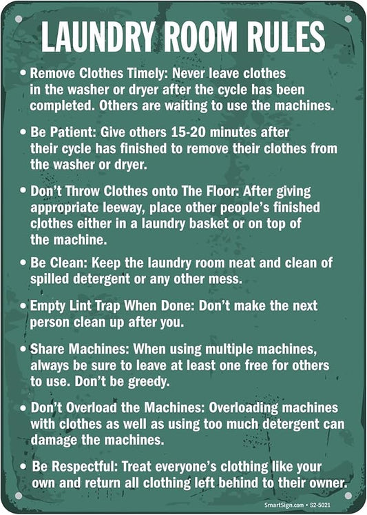 SmartSign Vintage 'Laundry Room Rules - Remove Clothes, Be Clean' Metal Laundry Sign, 14" x 10", 40 mil Laminated Aluminum, Home/Farmhouse/Laundromat Wall Décor, White/Rustic Green, USA-Made