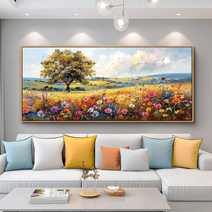 hyidecorart Large Framed Wall Art, Spring Landscape Wall Art, Nature Tree Wildflower Artwork, Colorful Scenery Rustic Painting Canvas Prints, Farmhouse Wall Decor Living Room Bedroom Picture 32x72 In