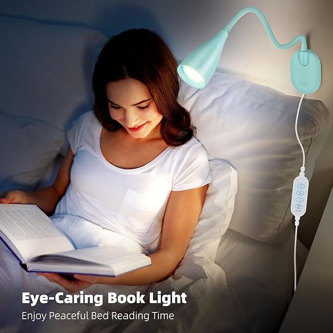 LiFMIRA Wall-Mounted LED Bedside Reading Light with USB Charging Port, 10-Level Dimmable & Adjustable 5 Color, Plug-in Adhesive Night Lamp for Books in Bed, Eye-Caring Bedroom Lighting (Teal)