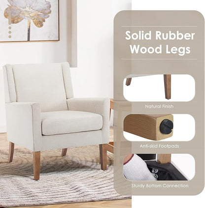 COLAMY Modern Wingback Living Room Chair, Upholstered Fabric Accent Armchair, Single Sofa Chair with Lounge Seat and Wood Legs for Office/Bedroom/Reading Spaces, Beige