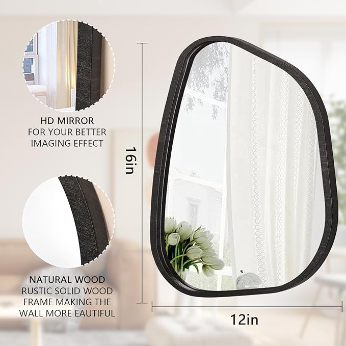 Asymmetrical Small Wall Mirror Irregular Wood Frame Modern Unique Accent Wall Mirror Decorative Vanity Bathroom Living Room Bedroom Entryway Hallway Artistic Wavy Mirror Small 16"x12"