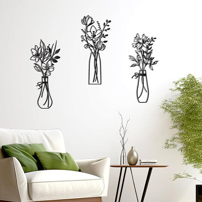 Zzbakress 3 Pcs Metal Flowers Wall Arts Rustic Farmhouse Decor Bathroom Wall Decor Metal Wall Decor for Living-room Dining-Room Kitchen Minimalist Decor Housewarming Gifts(Black)