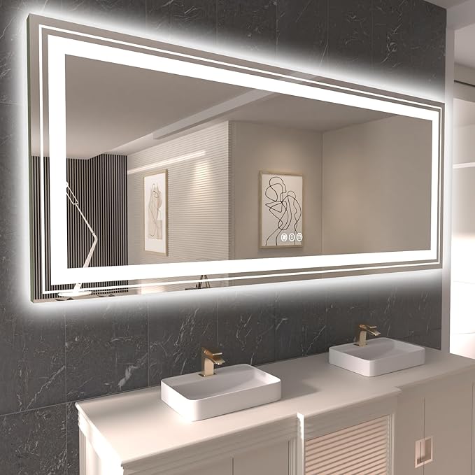 Snowdool LED Bathroom Mirror, 84"x40" with Front and Backlit, Anti-Fog, Large Bathroom Vanity Mirror for Wall, Memory Function, Stepless Dimmable, Tempered Glass (Horizontal/Vertical)