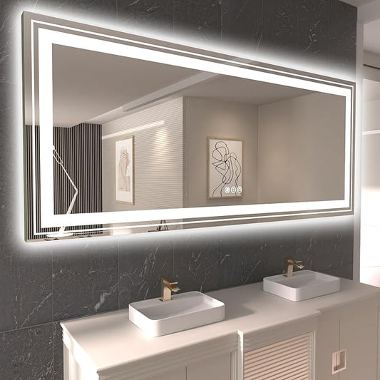 Snowdool LED Bathroom Mirror, 84"x40" with Front and Backlit, Anti-Fog, Large Bathroom Vanity Mirror for Wall, Memory Function, Stepless Dimmable, Tempered Glass (Horizontal/Vertical)