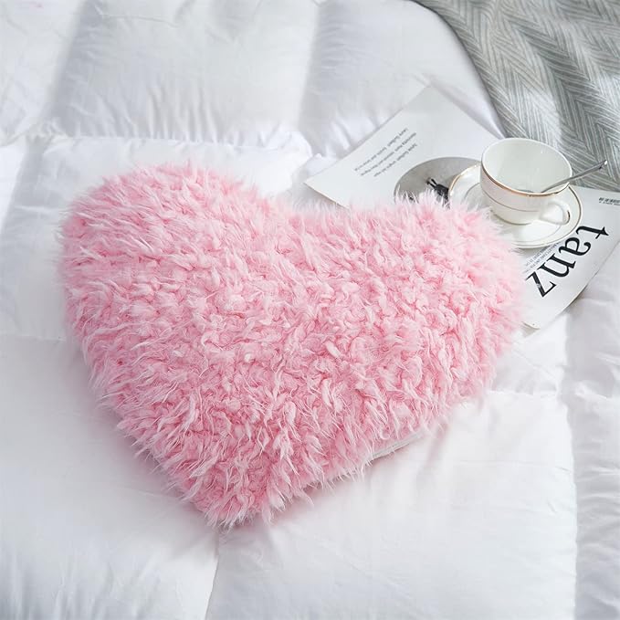 MOOWOO Pink Girl Heart Throw Pillow with Pillow Cover and Insert,Love Pillow，Valentines Day Decor, Shaggy Faux Fur Fluffy Pillow, Gift for Mothers,Girls (Pink,Heart Shape-15.7X15.7Inches)