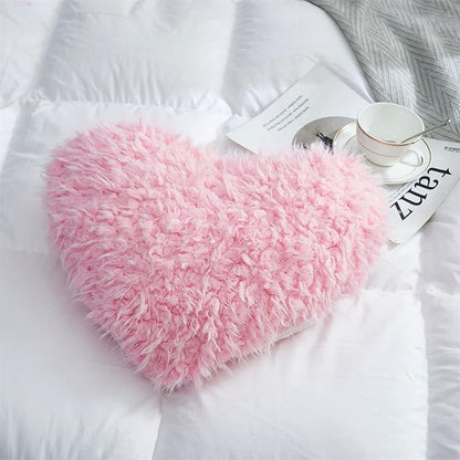 MOOWOO Pink Girl Heart Throw Pillow with Pillow Cover and Insert,Love Pillow，Valentines Day Decor, Shaggy Faux Fur Fluffy Pillow, Gift for Mothers,Girls (Pink,Heart Shape-15.7X15.7Inches)