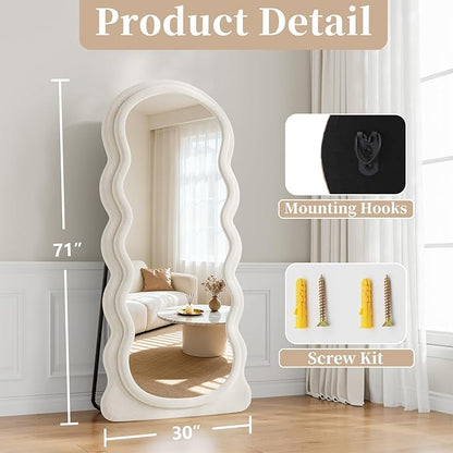 Wavy Full Length Mirror, 71"x30" Full Body Mirror, Flannel Floor Mirror with Stand, Large Mirrors Hanging or Leaning Against Wall for Bedroom Living Room, White