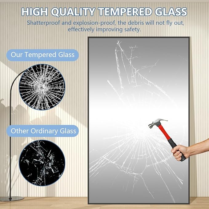 82"X44" Oversized Floor Mirror Full Length, Extra Large Standing Mirror for Gym Bedroom Living Room Clothing Store, Tempered Glass Black Full Length Body Mirror, Hanging or Wall Mounted