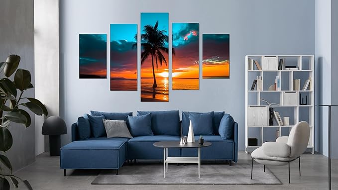 Yatsen Bridge 5 Piece Beach Sunset Canvas Wall Art Seascape Pictures Palm Trees Landscape Home Decor for Living room Bedroom Wall Decoration Framed Ready to Hang - 60''W x 40''H