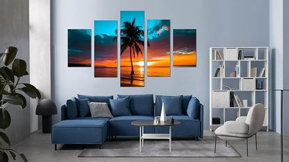 Yatsen Bridge 5 Piece Beach Sunset Canvas Wall Art Seascape Pictures Palm Trees Landscape Home Decor for Living room Bedroom Wall Decoration Framed Ready to Hang - 60''W x 40''H