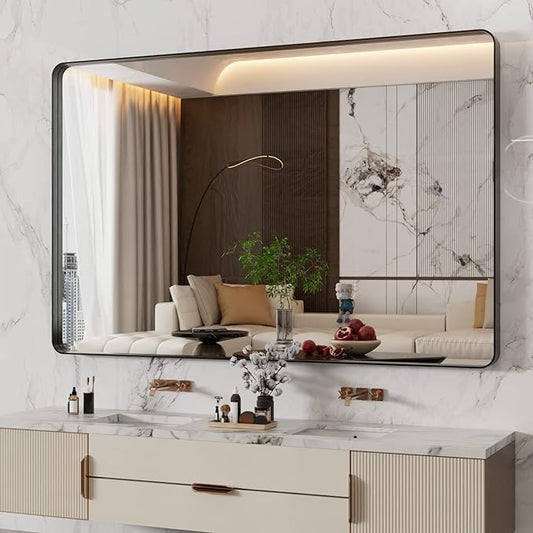 WEER 55X36 Inch Black Metal Framed Bathroom Mirror, Black Bathroom Vanity Mirror Farmhouse, Rounded Rectangular Matte Black Wall Mirrors, Tempered Glass, Anti-Rust (Horizontal/Vertical)
