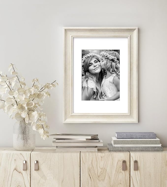 Yaetm 8x10 Picture Frame Matted to 5x7 Set of 4, 1.4” Wide Molding & Rustic White Photo Frames 8 x 10 with Tempered Glass, Display on Tabletop & Wall Mounting (4 Pack, White)