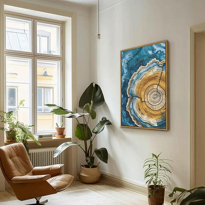 BingruiArt Large Framed Tree Ring Wall Art Wood Canvas Colorful Boho Wall Decor Rustic Artwork Abstract Painting Farmhouse Picture Nature Print for Living Room Bedroom Bathroom 24"x36" Natural Framed(07)