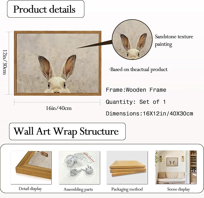 Framed Vintage Rabbit Wall Art, Cute Easter Bunny Pictures Wall Decor, 3D Sandstone Textured Farmhouse Animal Paintings Prints Cottagecore Home Decor for Living Room Bedroom Nursery 12x16 inch