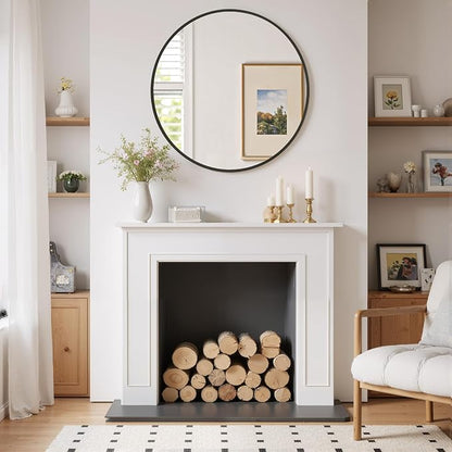 Round Wall Mirror 24 Inch Black Vanity Mirror with Metal Frame, Modern Circle for Bathroom, Entryway, Bedroom, Living Room, Wall Mounted Decorative Mirrors