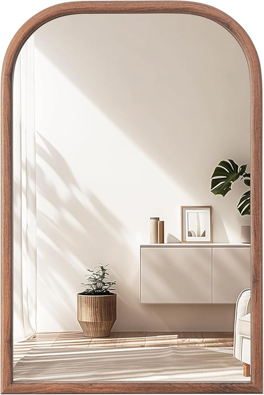 20"x30" Arch Wall Mirror Bathroom Mirror for Wall Mounted, Tempered Glass, Wood Grain Finish Frame Wall Mirror Decorative for Living Room Bedroom Entryway, Walnut