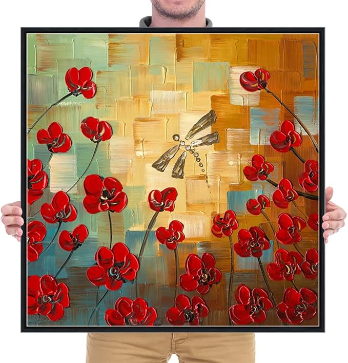 Wieco Art Framed Art Dragonfly Floral Oil Paintings on Canvas Wall Art for Bedroom Home Decorations Modern 100% Hand Painted Stretched Abstract Flowers Artwork with Black Frame