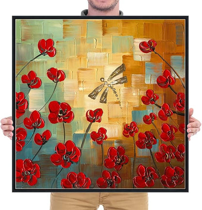 Wieco Art Framed Art Dragonfly Floral Oil Paintings on Canvas Wall Art for Bedroom Home Decorations Modern 100% Hand Painted Stretched Abstract Flowers Artwork with Black Frame