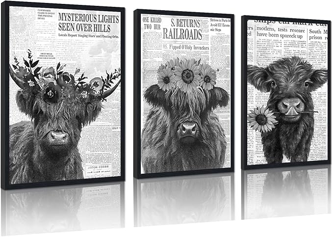 Black White Floral Highland Cow Canvas Wall Art Farmhouse Vintage Flower Cow Poster for Kitchen Wall Decor Funny Animal Print Artwork for Living Room Gallery Decoration 16x24inchx3pcs,Black Framed