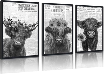 Black White Floral Highland Cow Canvas Wall Art Farmhouse Vintage Flower Cow Poster for Kitchen Wall Decor Funny Animal Print Artwork for Living Room Gallery Decoration 16x24inchx3pcs,Black Framed