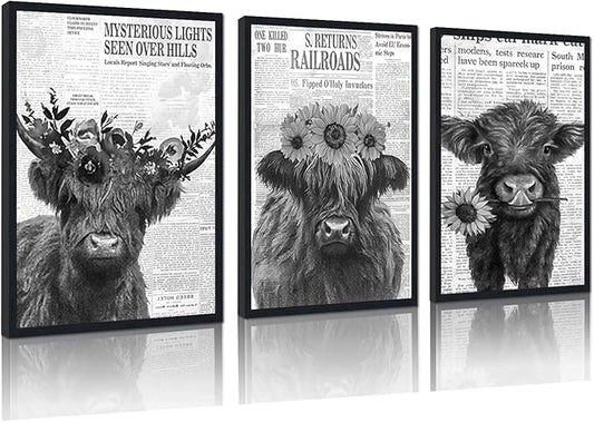 Black White Floral Highland Cow Canvas Wall Art Farmhouse Vintage Flower Cow Poster for Kitchen Wall Decor Funny Animal Print Artwork for Living Room Gallery Decoration 16x24inchx3pcs,Black Framed
