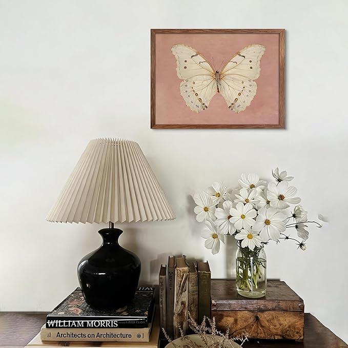 Vintage Butterfly Canvas Wall Art, Pink Butterfly Wall Decor Pictures, Antique White Moth Prints Paintings Neutral Insect Room Decor Aesthetic for Bedroom Bathroom Office 12x16 Inch Wood Frame