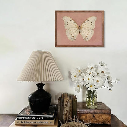 Vintage Butterfly Canvas Wall Art, Pink Butterfly Wall Decor Pictures, Antique White Moth Prints Paintings Neutral Insect Room Decor Aesthetic for Bedroom Bathroom Office 12x16 Inch Wood Frame