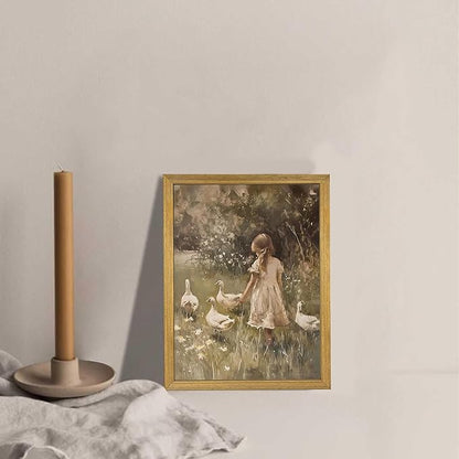 Wood Framed Canvas Wall Art, Vintage Girl with Ducks Painting Poster, Countryside Pastoral Landscape Print Picture, Rustic Farmhouse Wall Decor for Living Room Bedroom Nursery 8x10 inch