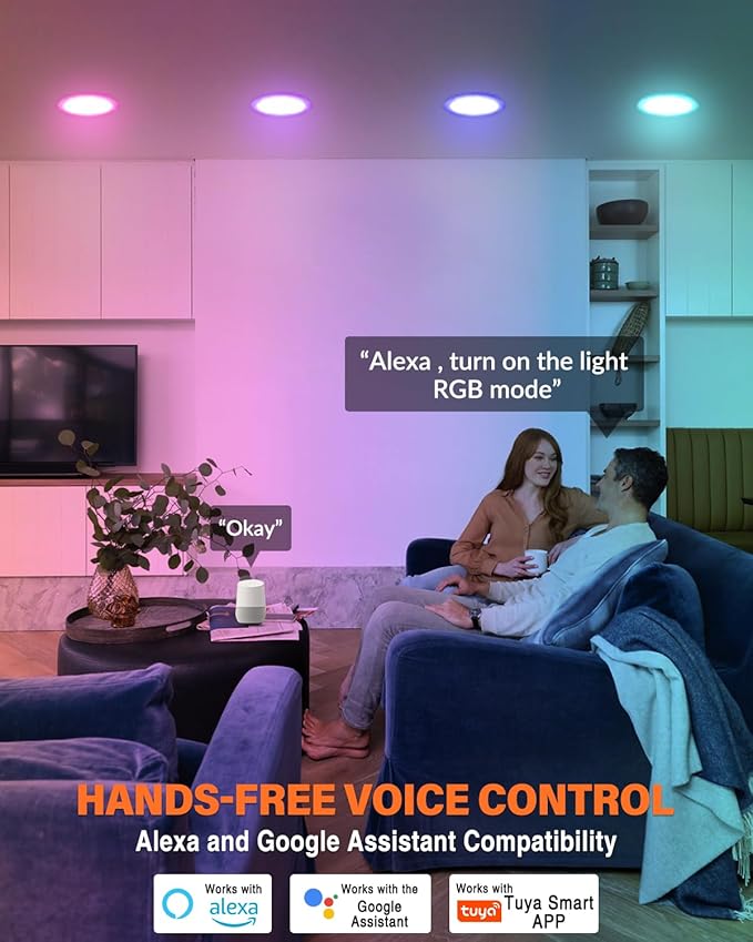 12Pack 6Inch Smart LED RGB Recessed Lighting ,Color Changing Canless Downlight,2700K-6500K, 2.4GHz Wi-Fi & Bluetooth,12W 2640lm,Works with Tuya App,Alexa & Google Assistant,Gateway Included