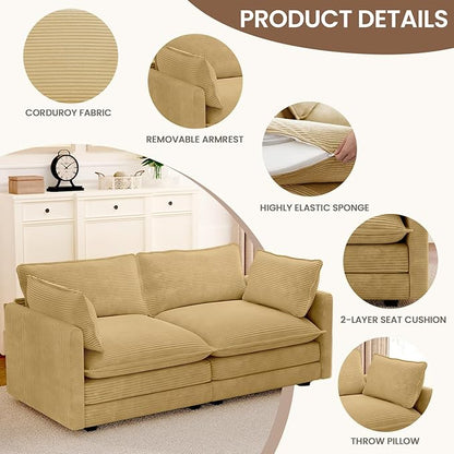 ROWHY 78'' Sectional 2 Seat Cloud Loveseat with 2 Throw Pillows, Modern Corduroy Love Seat, Convertible Cozy Sofa for Living Room, Bedroom and Office, Yellow