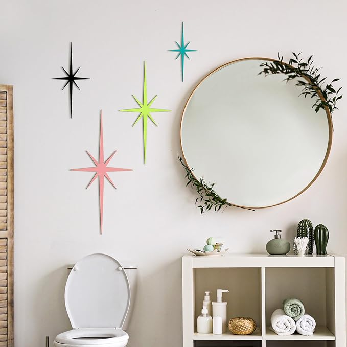 Blulu 4 Pcs Cast Iron Starburst Shaped Wall Decor Metal Mid Century Modern Decor Retro Atomic Stars Wall Art Elegance Accents Vintage Celestial Whimsigoth Hangings for Home Office Room(Mid Century)