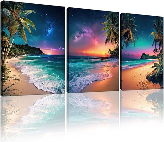 weiyiart 3-Piece Tropical Beach Wall Art, Northern Lights Ocean Sunset Canvas Prints, Palm Tree Coastal Seascape Decor for Living Room Bedroom Bathroom Office, 12"x16" Set of 3