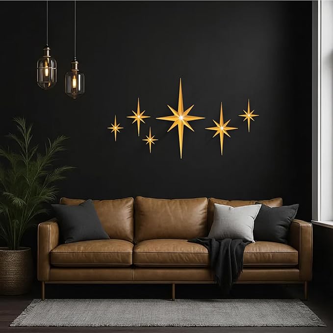 BreezeHug 6 Pcs Mid Century Modern Home Decor Star Art Wall Sculpture with Rhinestone Retro 3D Plastic Star Art Wall Sculpture Bling Diamonds Decor for Home Office Bedroom Entryway(Gold)