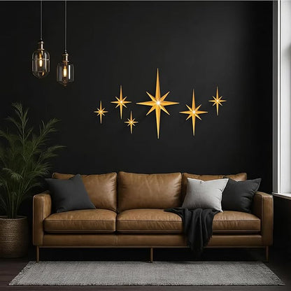 BreezeHug 6 Pcs Mid Century Modern Home Decor Star Art Wall Sculpture with Rhinestone Retro 3D Plastic Star Art Wall Sculpture Bling Diamonds Decor for Home Office Bedroom Entryway(Gold)